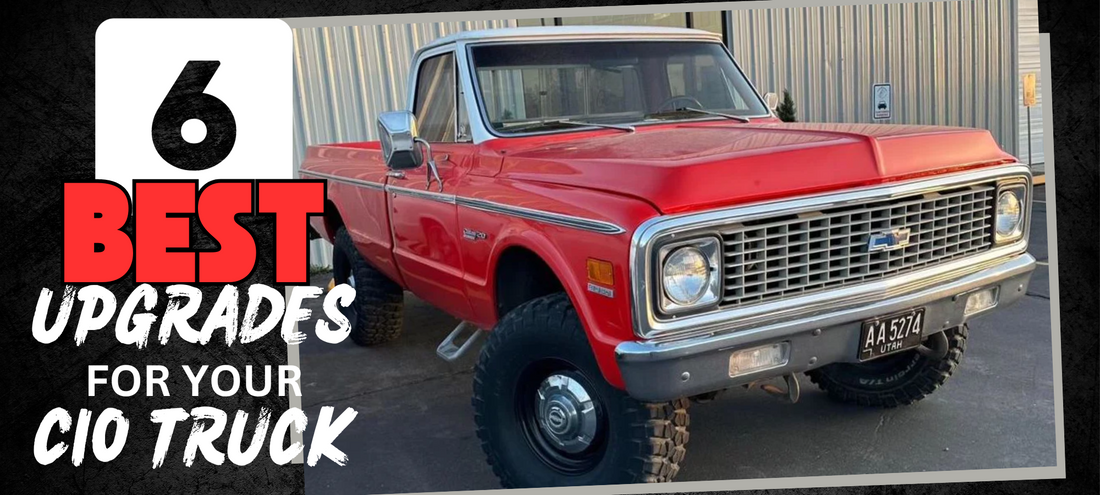 Red Classic Chevy C10 truck with upgrades.