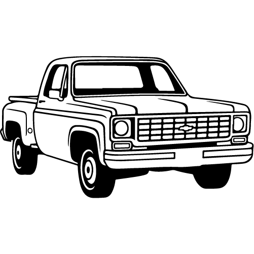 Black graphical icon of a classic 1973-1987 body style chevyGMC truck. Transparent background.