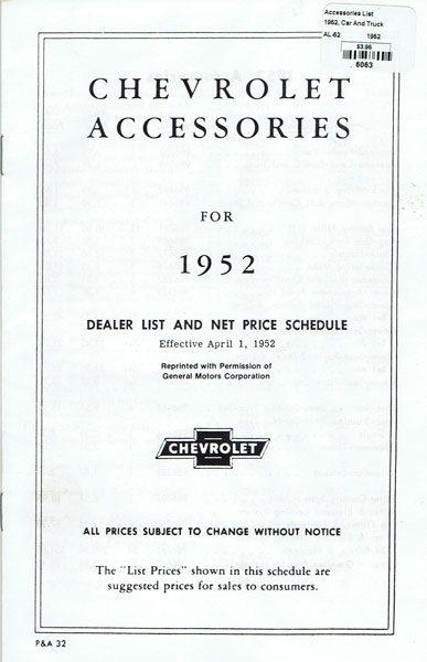 1952 Accessories List Car and Truck - Chevrolet