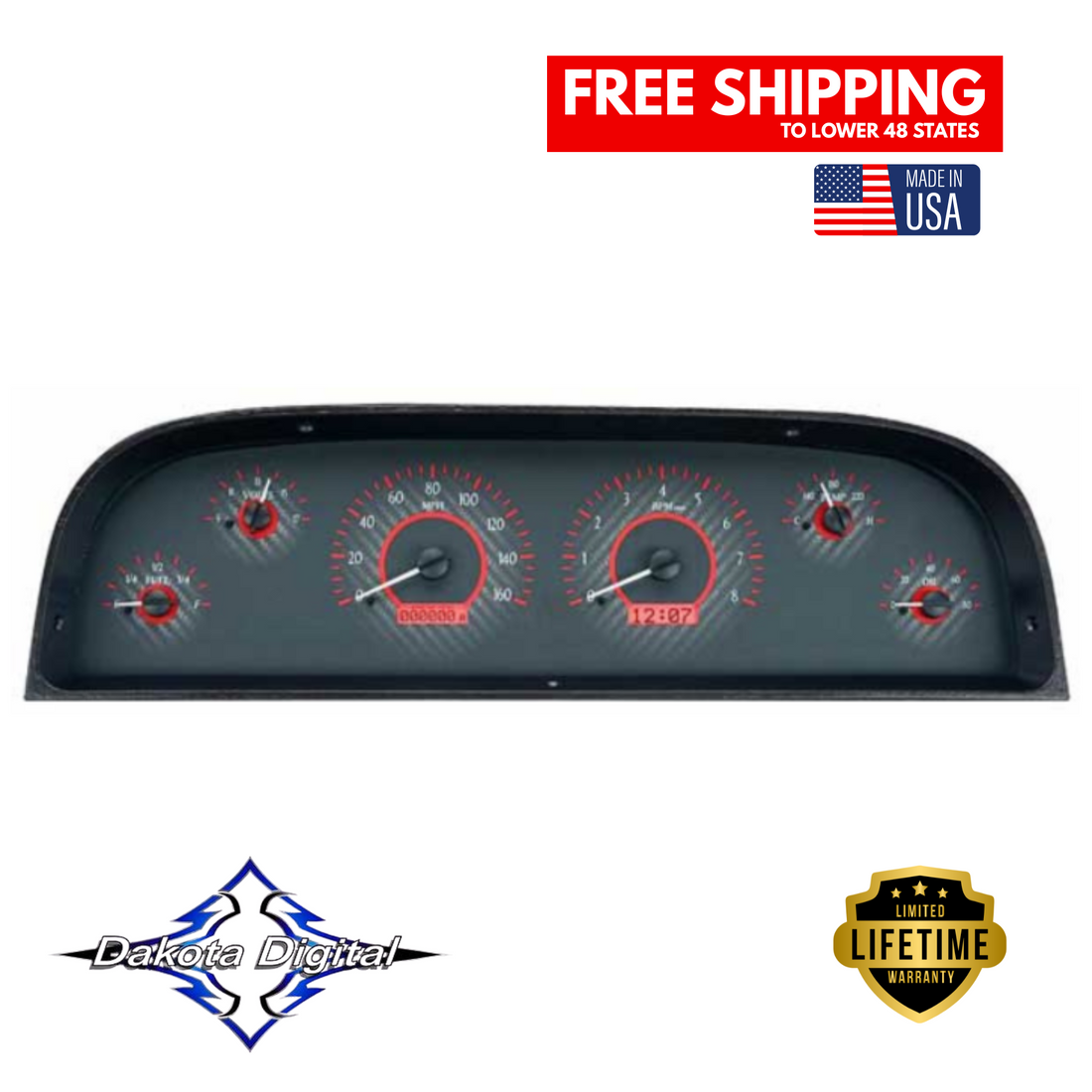 Dakota Digital 1960-1963 Chevy Truck VHX Series Gauges Carbon Fiber Background Red IlluminationVHX-60C-PU-C-R