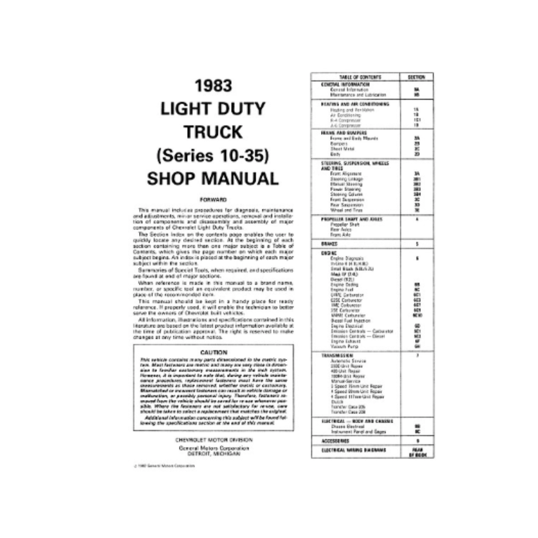 1983 Chevy Light Duty Truck 10-30 Series Factory Shop Manual with Wiring Diagrams – Print
