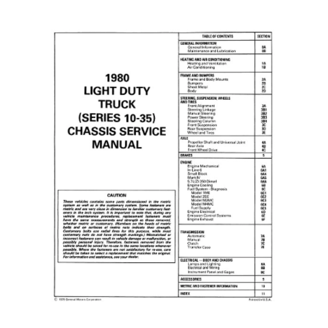 1980 Chevy Light Duty Truck Factory Service Manual – Print