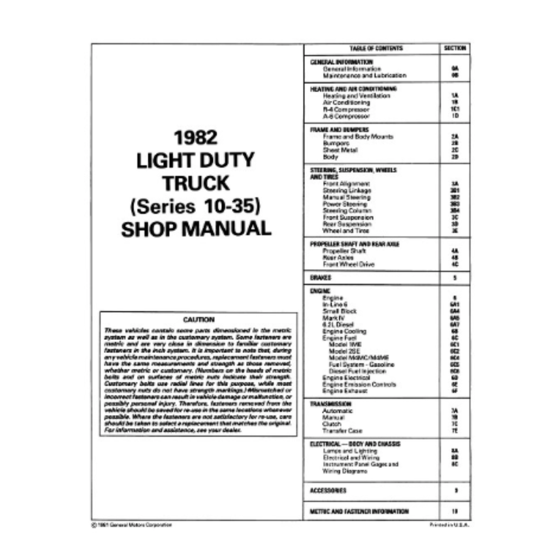 1982 Chevy Light Duty Truck 10-30 Series Factory Shop Manual – Print