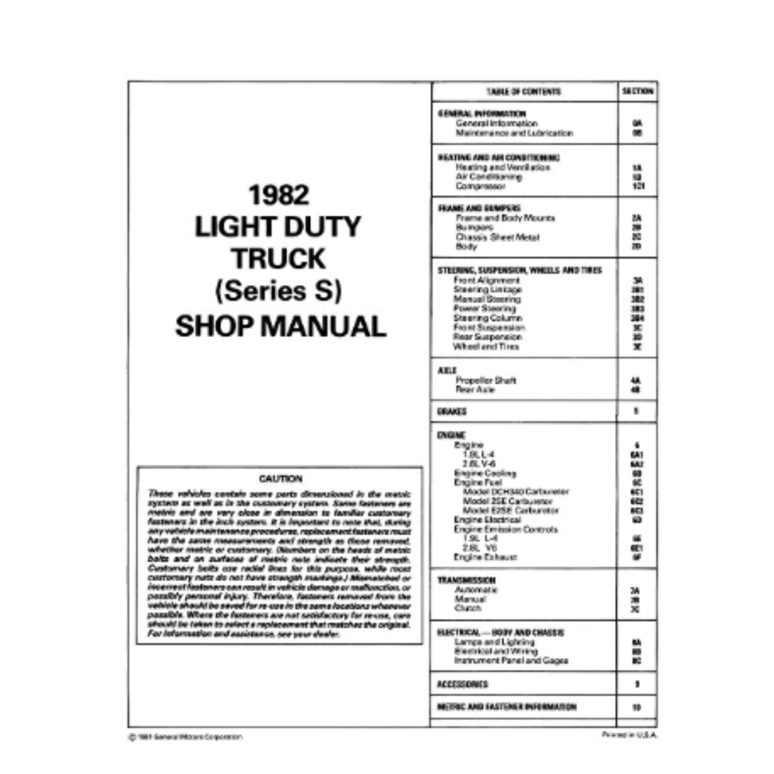 1982 Chevy S10 Factory Shop Manual – Print