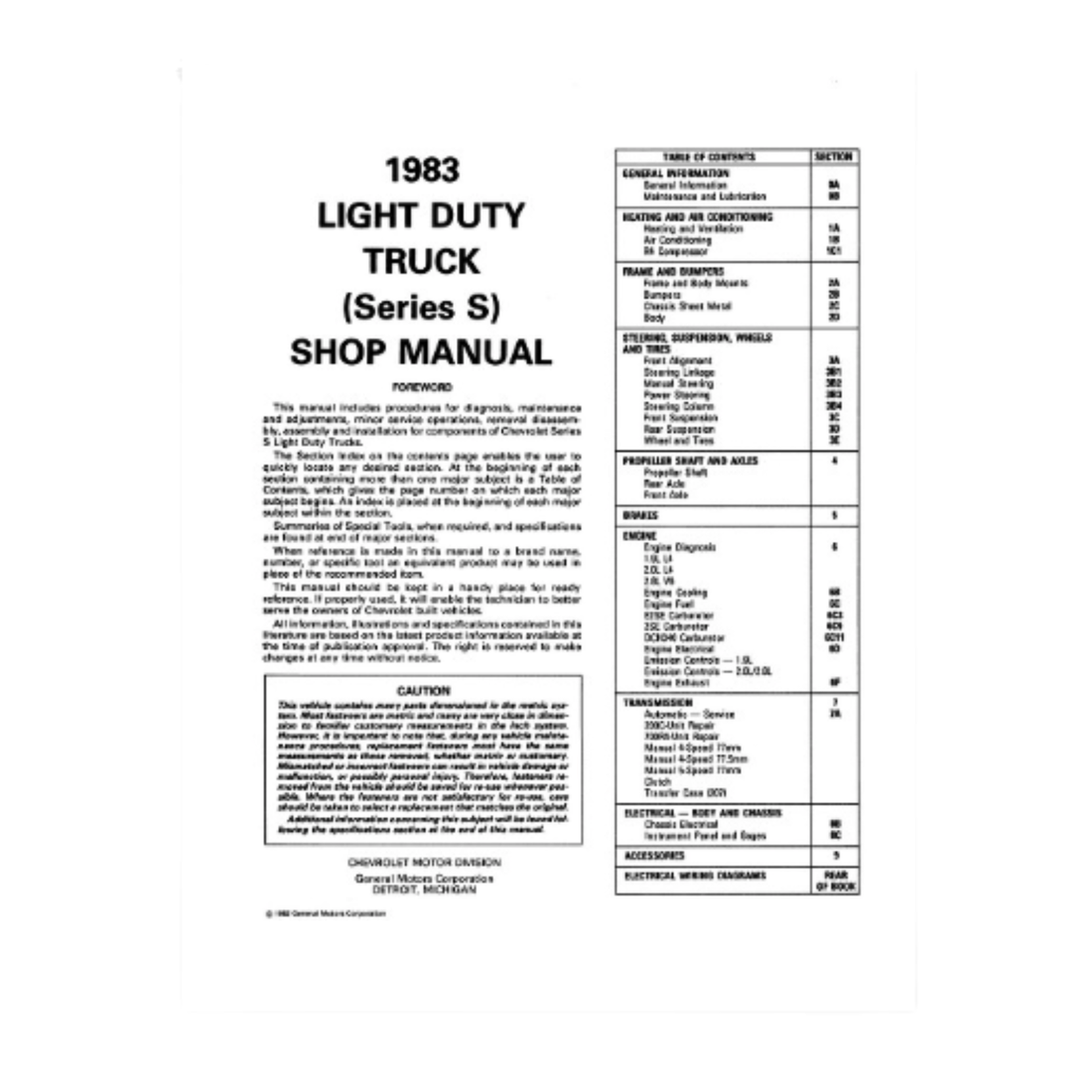 1983 Chevy S10 &amp; S10 Blazer Factory Shop Manual with Wiring Diagrams – Print