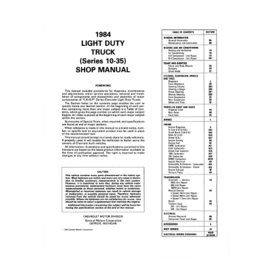 1984 Chevy Light Duty Truck 10-30 Series Factory Shop Manual with Wiring Diagrams – Print