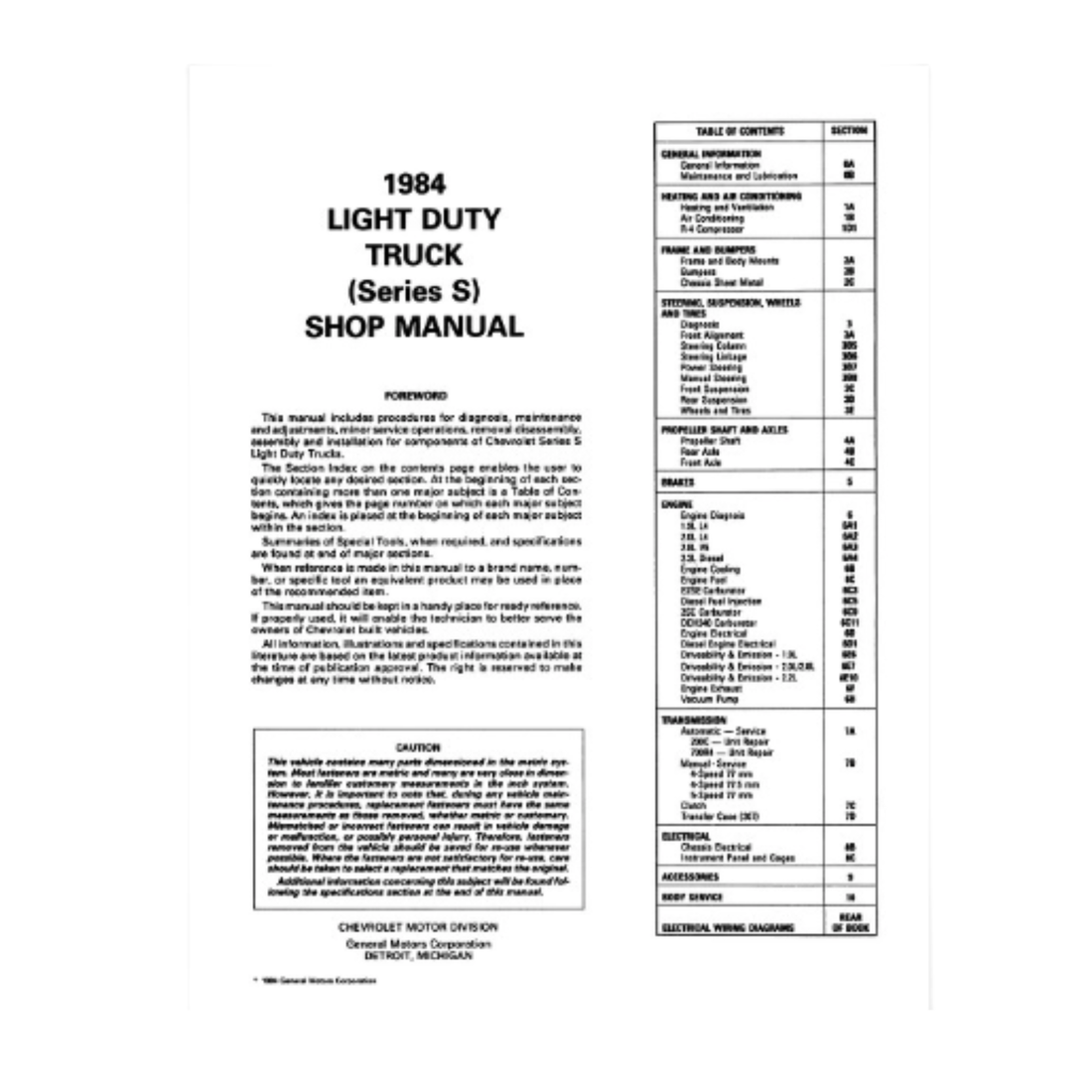 1984 Chevy S10 &amp; S10 Blazer Factory Shop Manual with Wiring Diagrams – Print