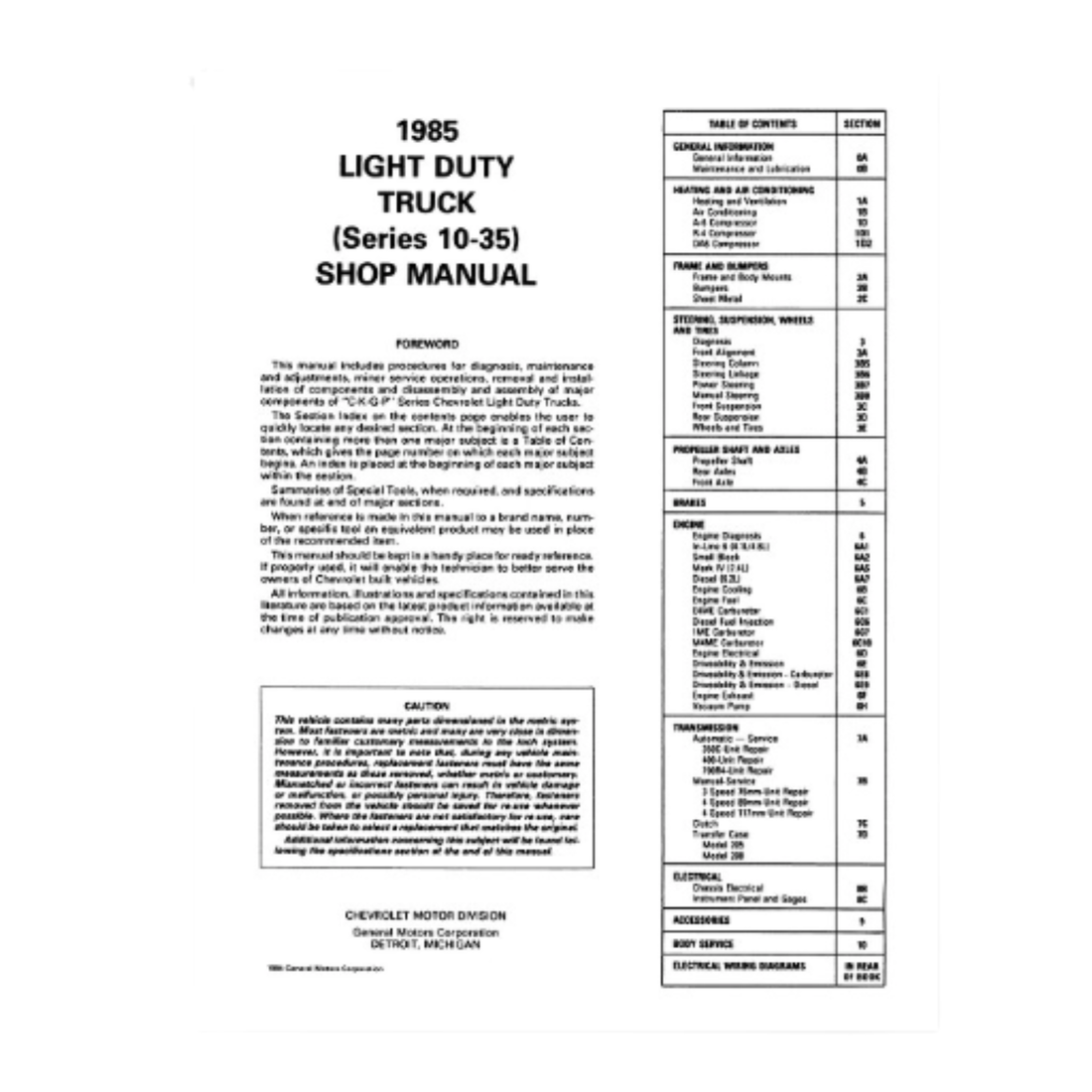 1985 Chevy Light Duty Truck 10-30 Series Factory Shop Manual with Wiring Diagrams – Print