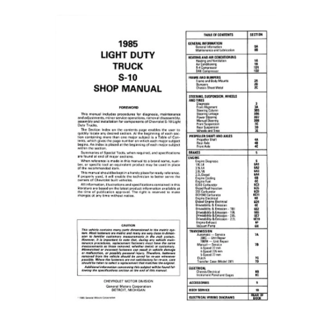 1985 Chevy S10 &amp; S10 Blazer Factory Shop Manual with Wiring Diagrams – Print