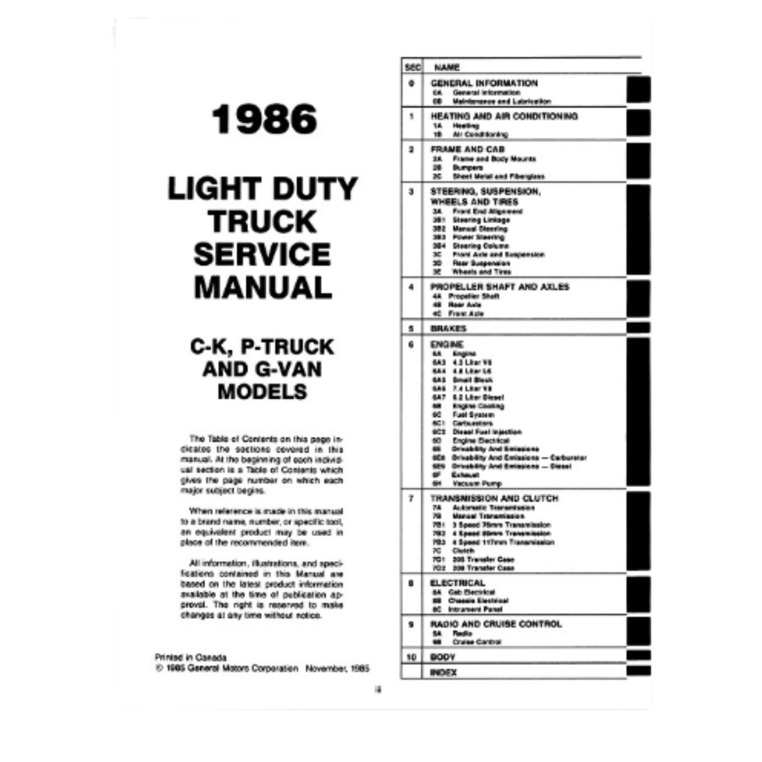 1986 Chevy Light Duty Truck 10-30 Series Factory Shop Manual – Print