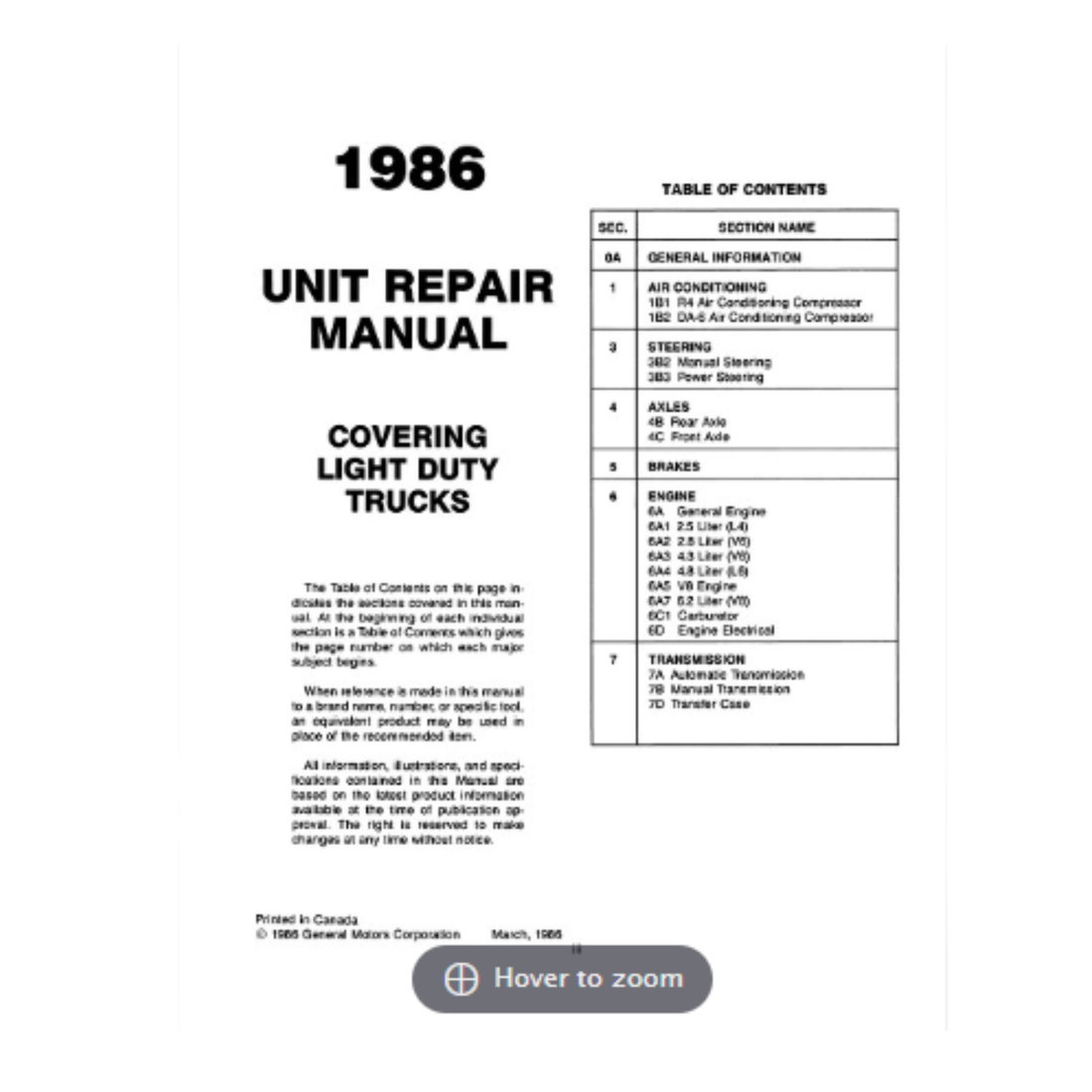 1986 Chevy Light Duty Truck Unit Repair Manual – Print