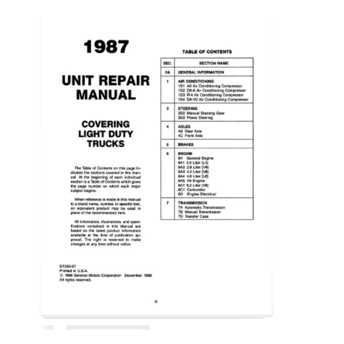 1987 Chevrolet Light Duty Truck Unit Repair Manual – Print