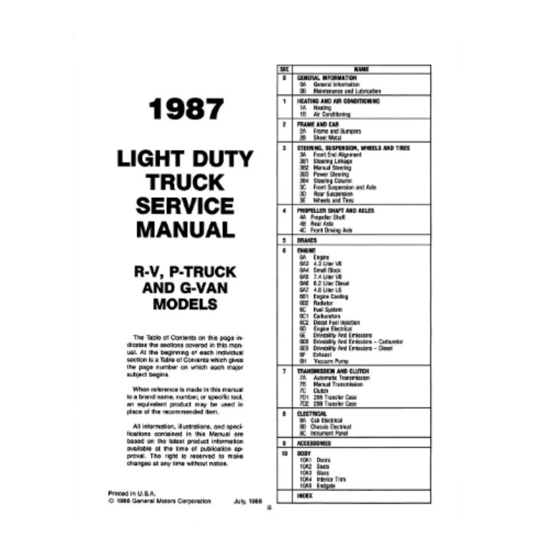 1987 Chevy Light Duty Truck 10-30 Series Factory Service Manual – Print