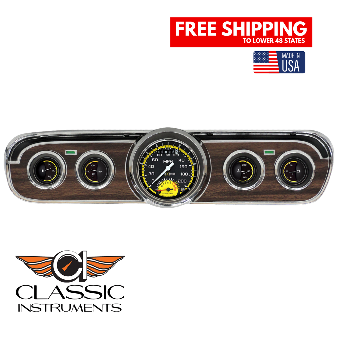 Classic Instruments - AutoCross Yellow Gauge 1965-66 Mustang Package - MU65AXY35