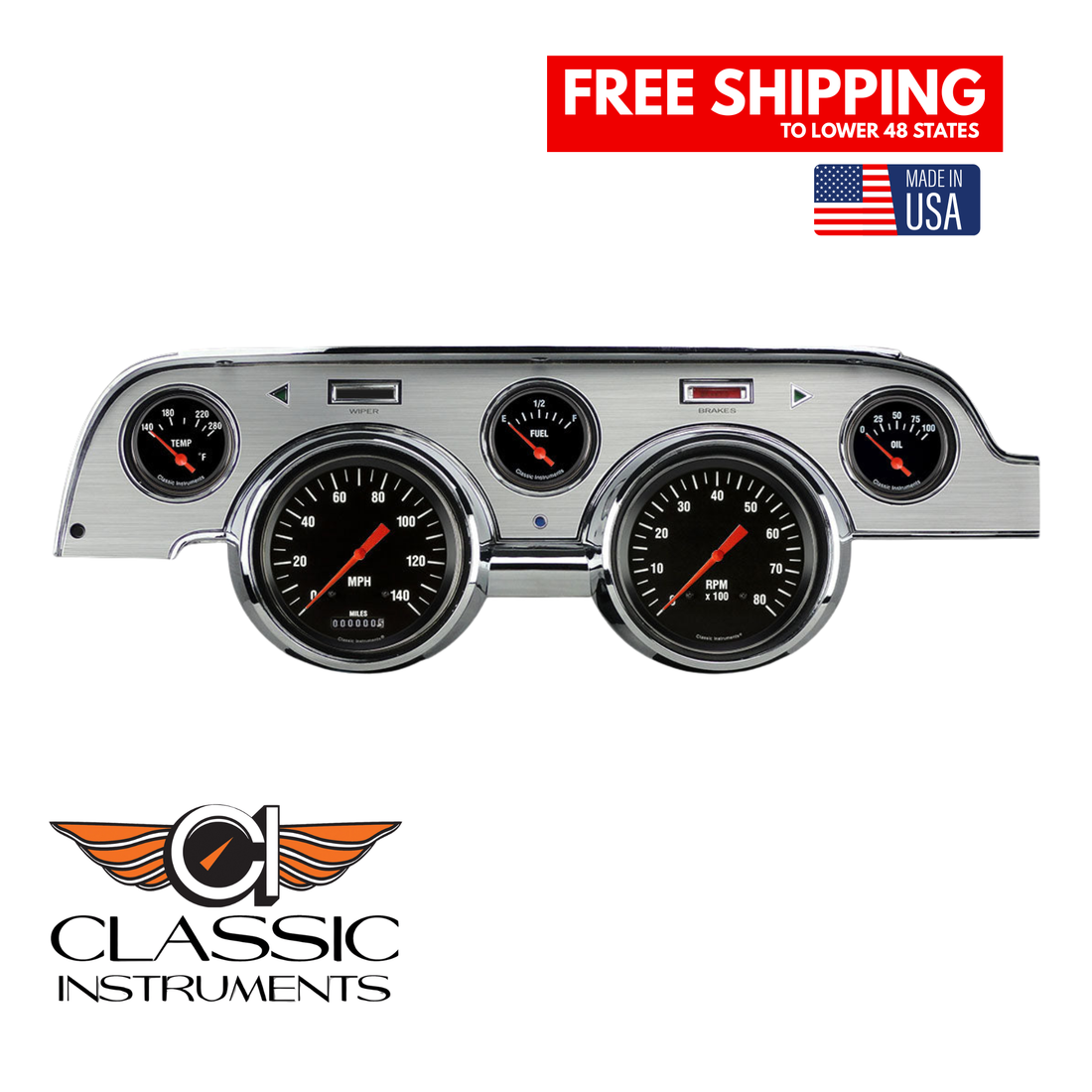 Classic Instruments - Brushed Aluminum bezel, Standard speedometer gauge- MU67HRBA
