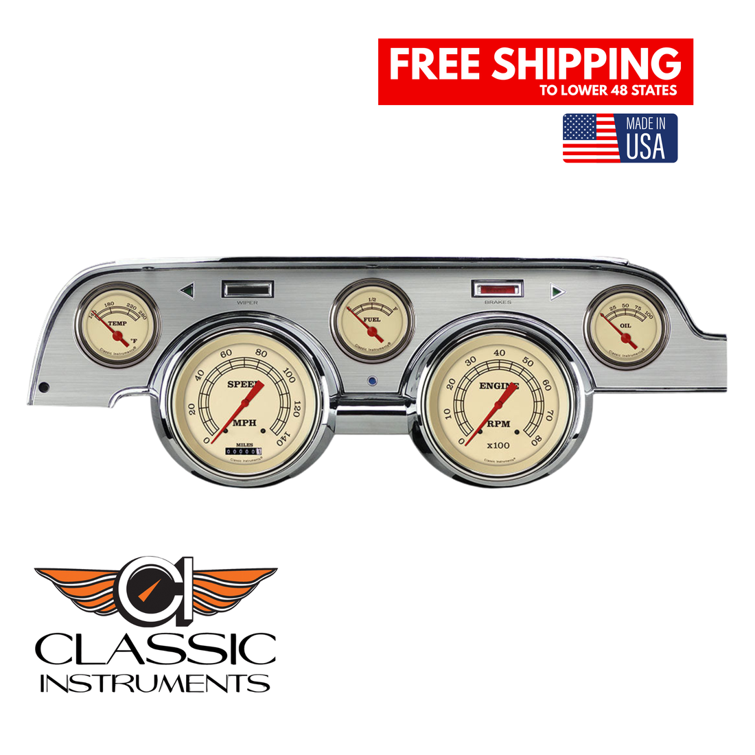 Classic Instruments - Brushed Aluminum bezel, standard speedometer Gauge - MU67VTBA