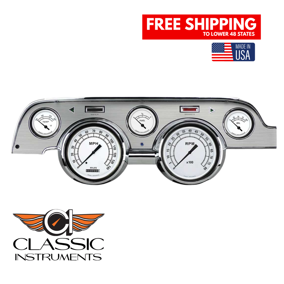Classic Instruments - Brushed Aluminum bezel, standard speedometer gauge- MU67CWBA