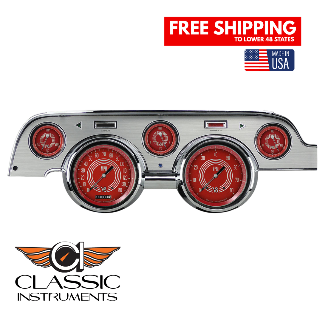 Classic Instruments - Brushed Aluminum bezel, standard speedometer gauge - MU67V8RSBA