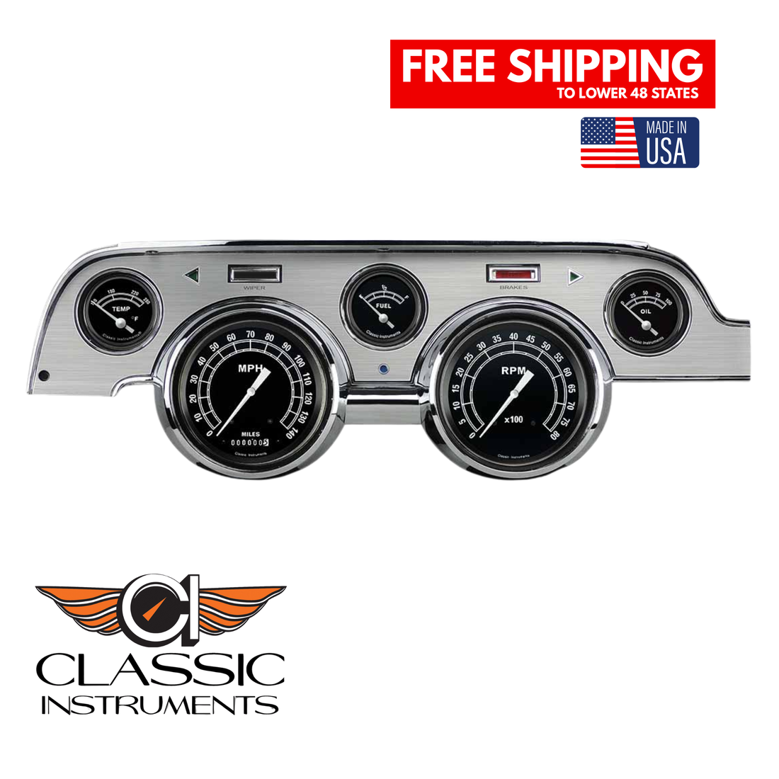 Classic Instruments - Brushed Aluminum bezel, standard speedometer gauges - MU67TRBA