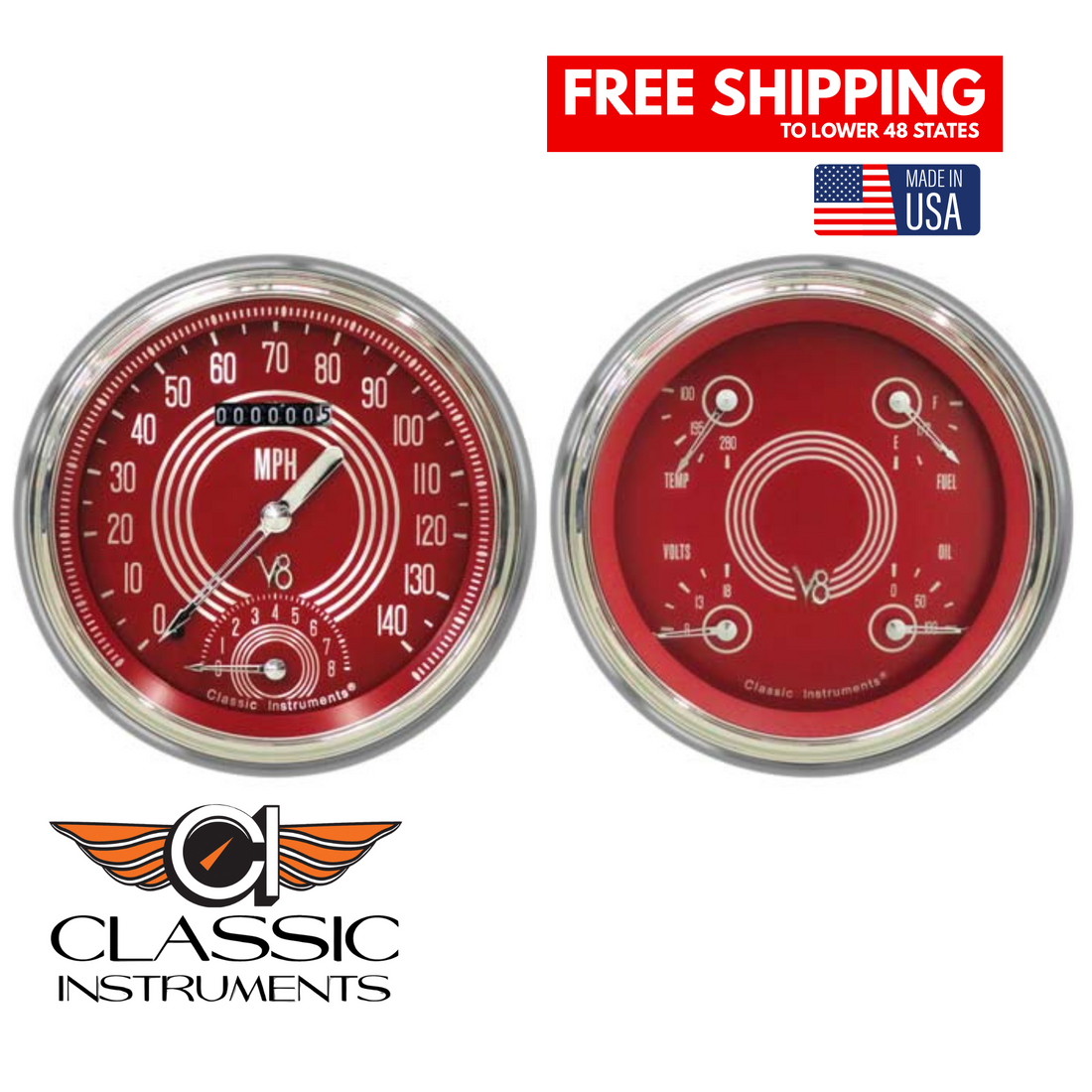 Classic Instruments 1947-1953 V8 Red Steelie GM Pick-Up Package w/ Speedtachular-CT47V8RS62