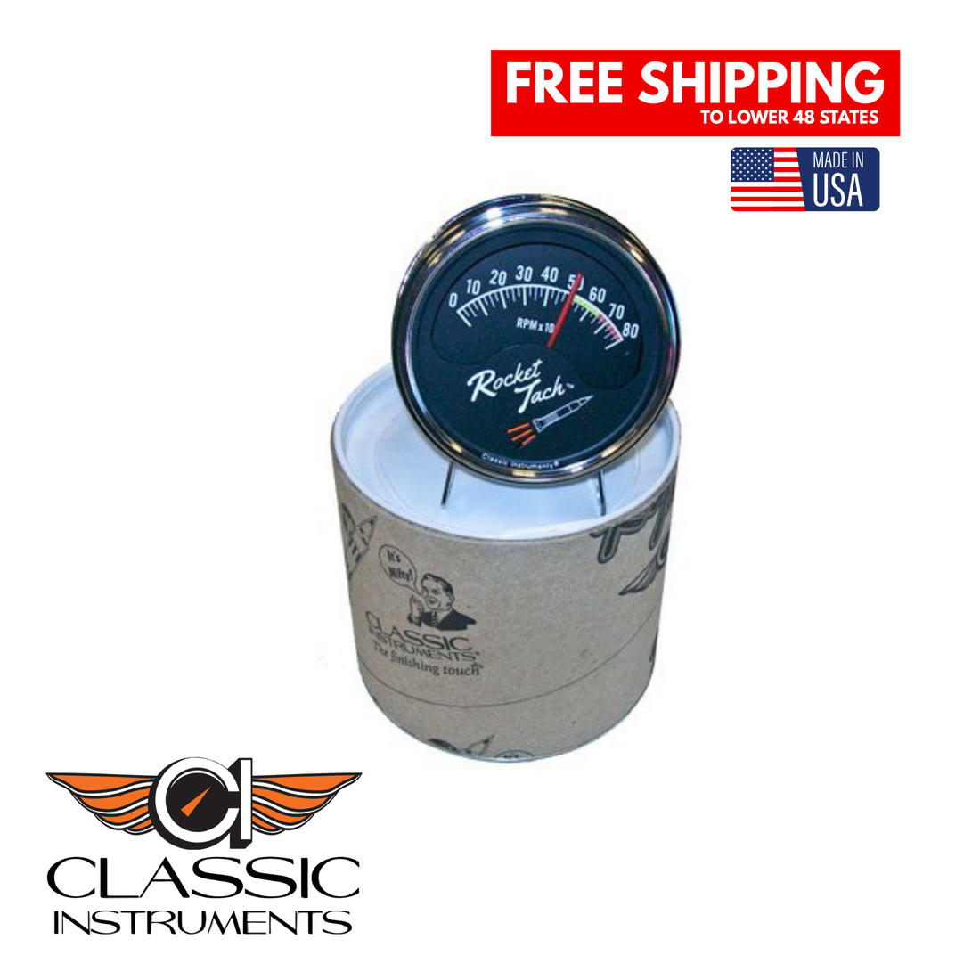 Classic Instruments Rocket Tachometer 3-3/8" Chrome Instrument-RT80SLF