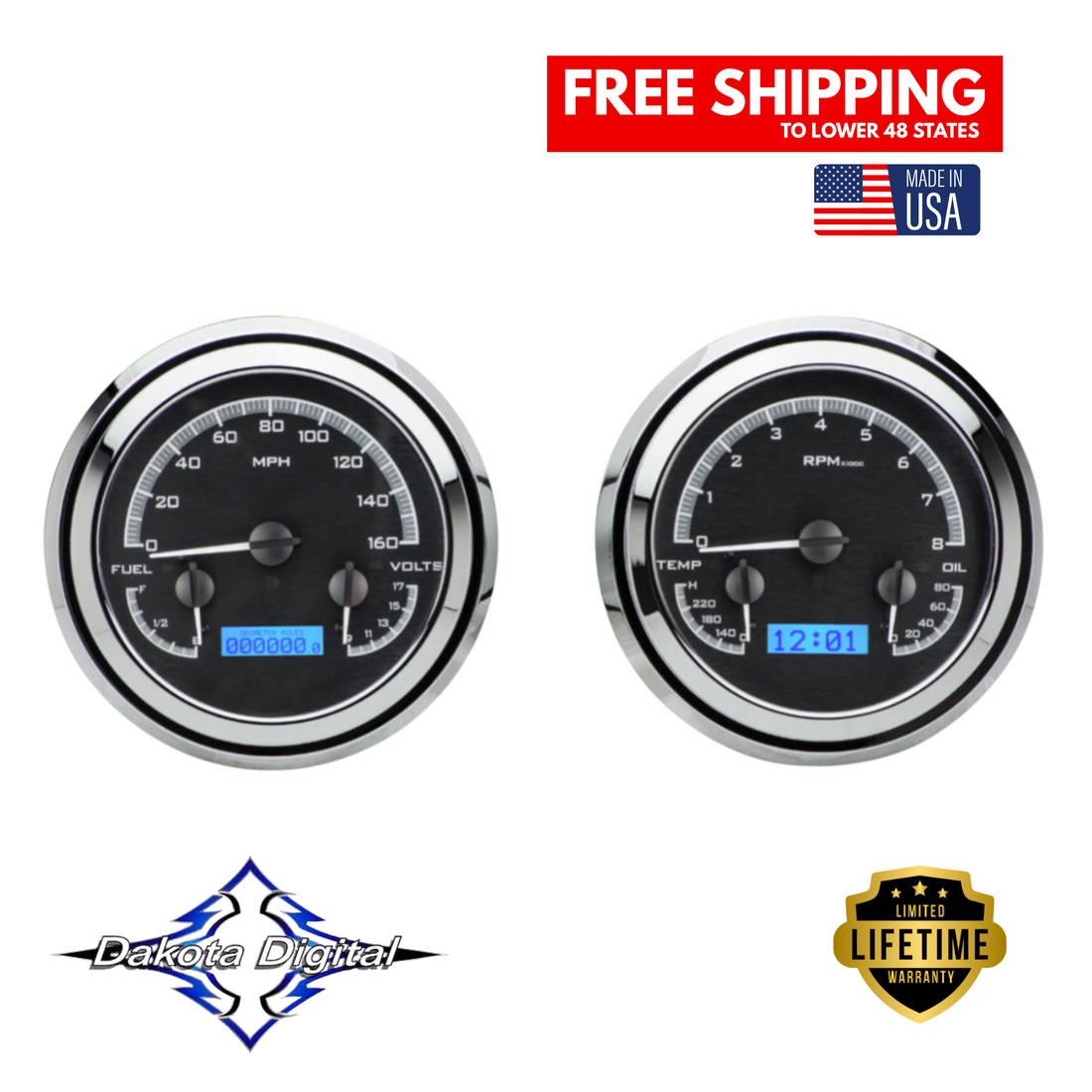 Dakota Digital 1947-1953 Chevrolet & GMC Truck VHX Instrument Gauge Cluster-Black Background / Blue Illumination VHX-47C-PU-K-B