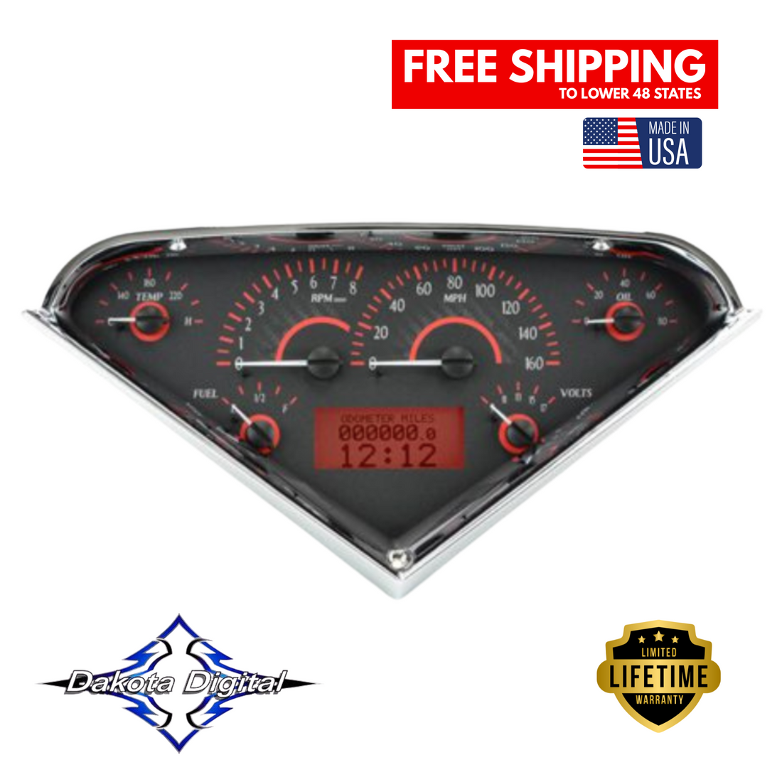 Dakota Digital 1955-1959 Chevrolet Truck VHX Instrument Gauge Cluster-Carbon Fiber Background / Red Illumination VHX-55C-PU-C-R