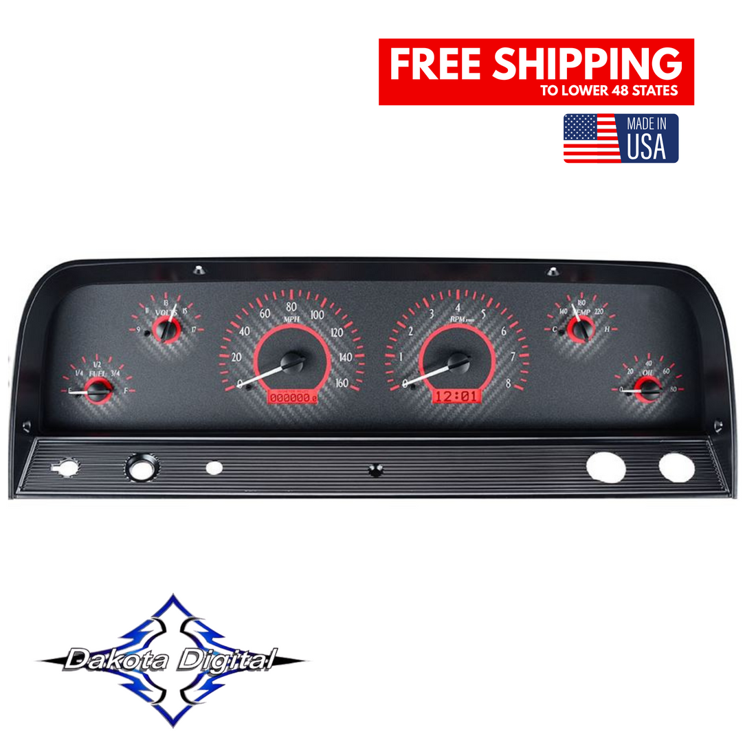 1964-66 Chevy Truck Carbon Fiber with Red VHX Series Dakota Digital Instrument Cluster VHX-64C-PU-C-R - Tuckers Classic Auto Parts