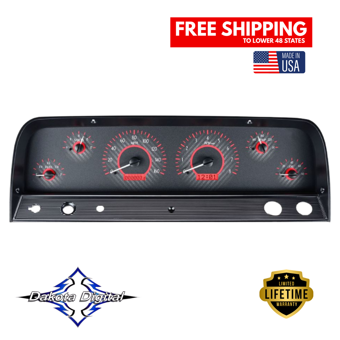 Dakota Digital 1964-1966 Chevrolet Truck VHX Instrument Gauge Cluster-Carbon Fiber Background / Red Illumination VHX-64C-PU-C-R