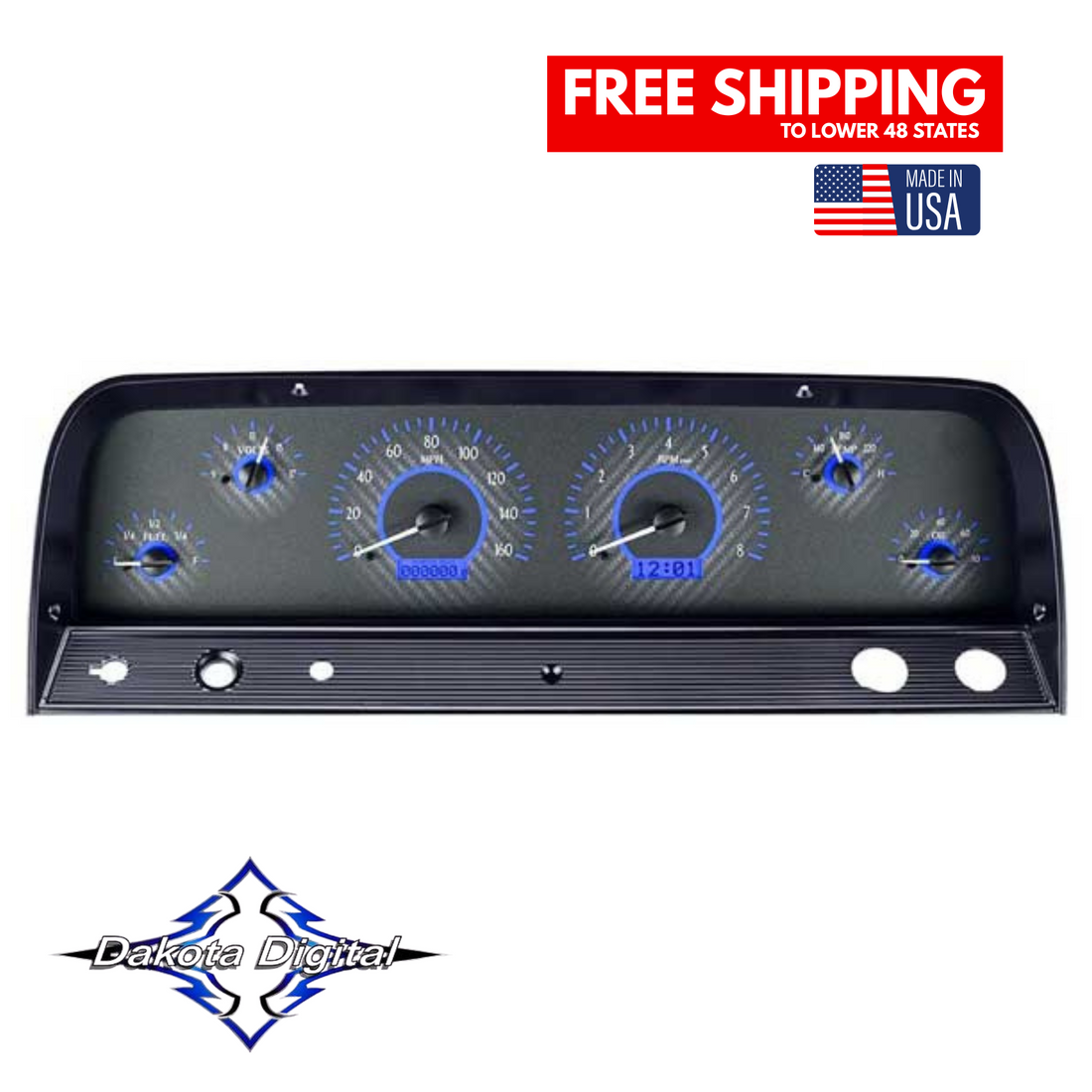 Dakota Digital 1964-1966 Chevrolet Truck VHX Instrument Gauge Cluster-Carbon Fiber Background / Blue Illumination VHX-64C-PU-C-B