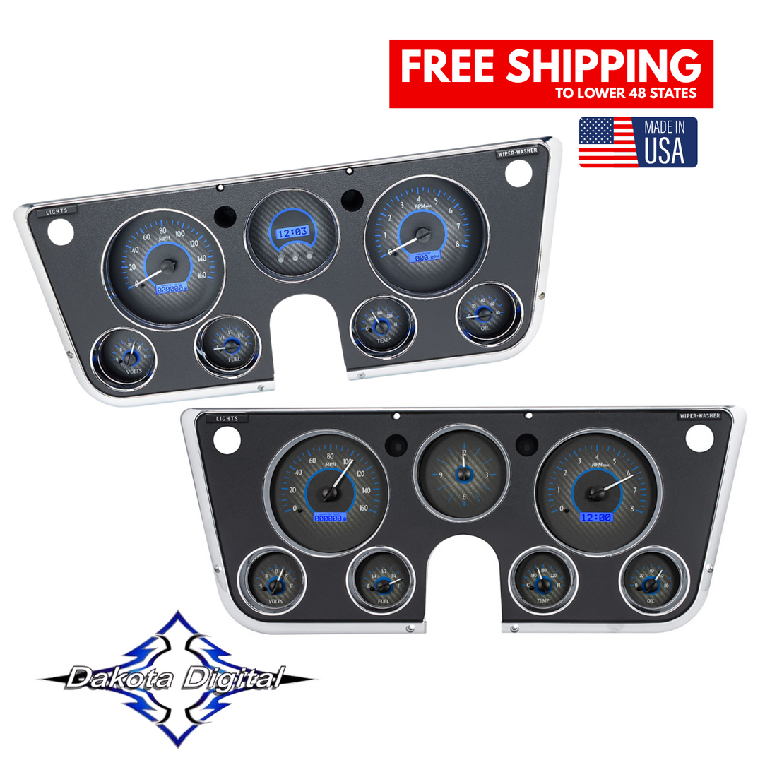 Dakota Digital 1967-1972 Chevrolet & GMC Truck VHX Instrument Gauge Cluster-Carbon Fiber Background / Blue Illumination VHX-67C-PU-C-B Tuckers Classic Auto Parts