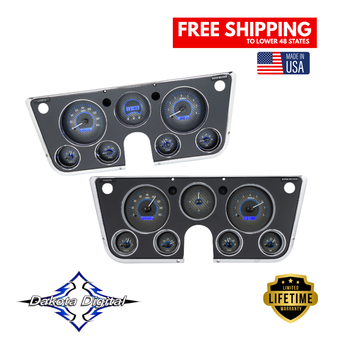 Dakota Digital 1967-1972 Chevrolet & GMC Truck VHX Instrument Gauge Cluster-Carbon Fiber Background / Blue Illumination VHX-67C-PU-C-B