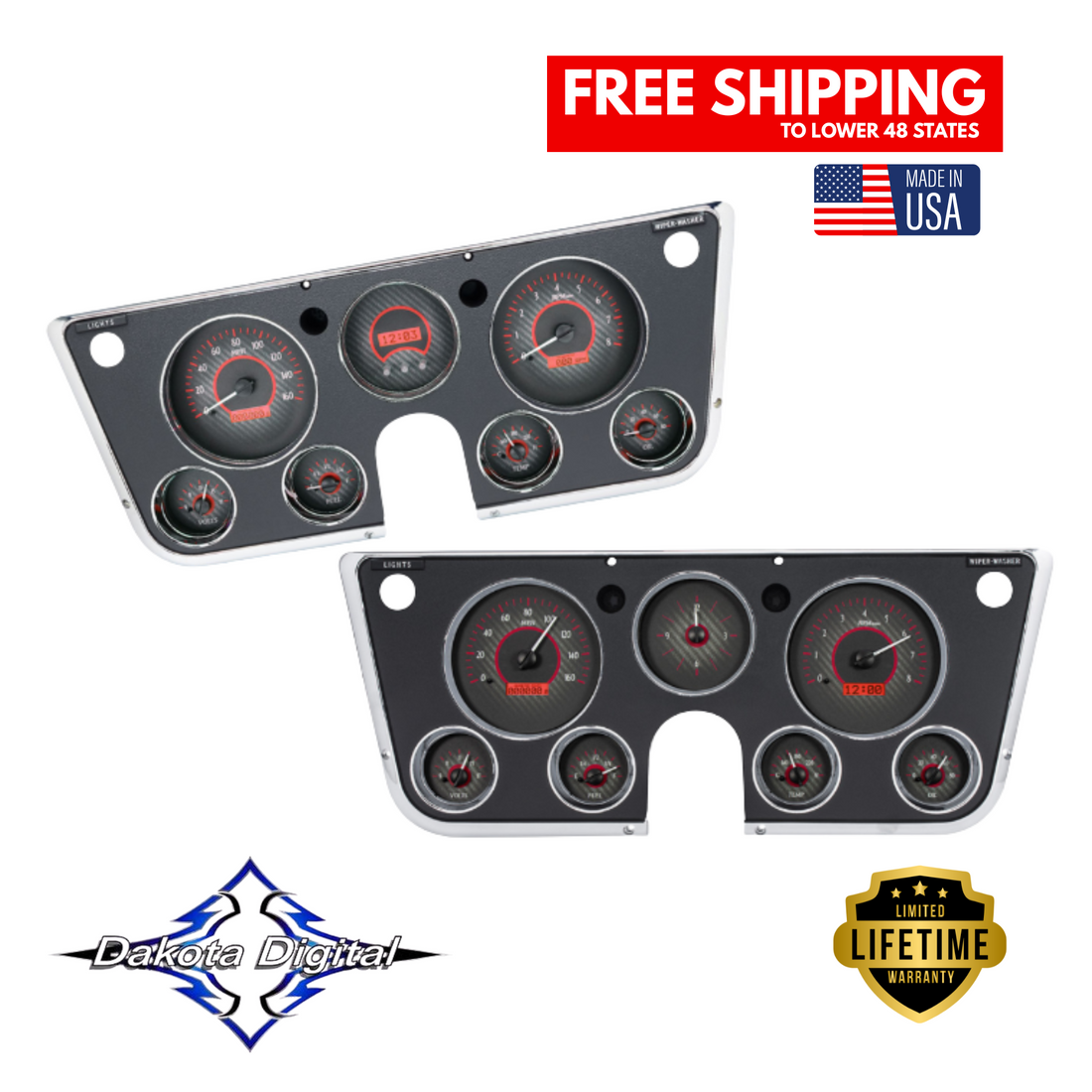 Dakota Digital 1967-1972 Chevrolet & GMC Truck VHX Instrument Gauge Cluster-Carbon Fiber Background / Red Illumination VHX-67C-P