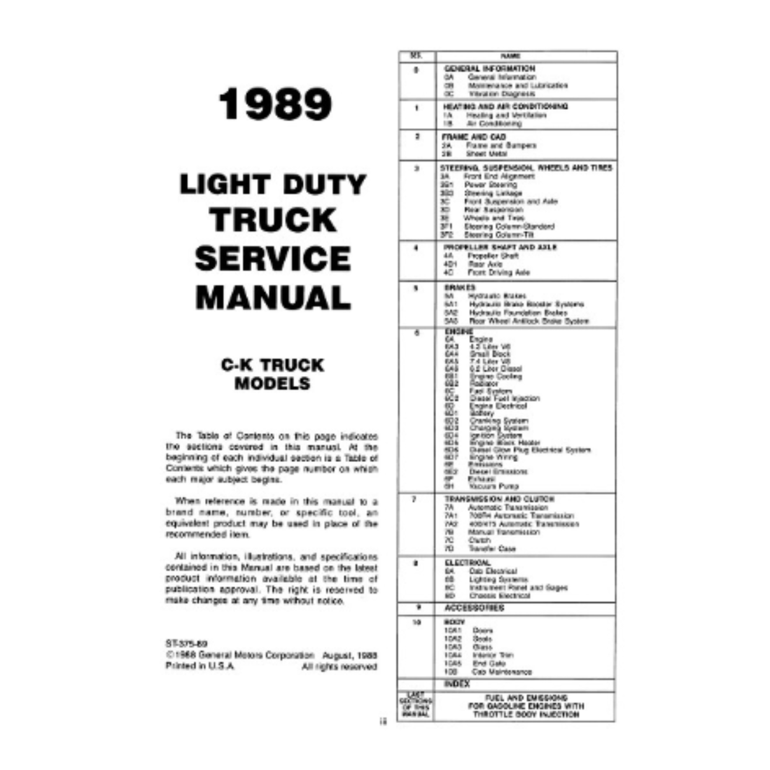 1989 Chevrolet C/K pickup factory service manual printed reproduction by Detroit Iron, 1,394 pages, covering C1500, C2500, C3500, K1500, K2500 and K3500.