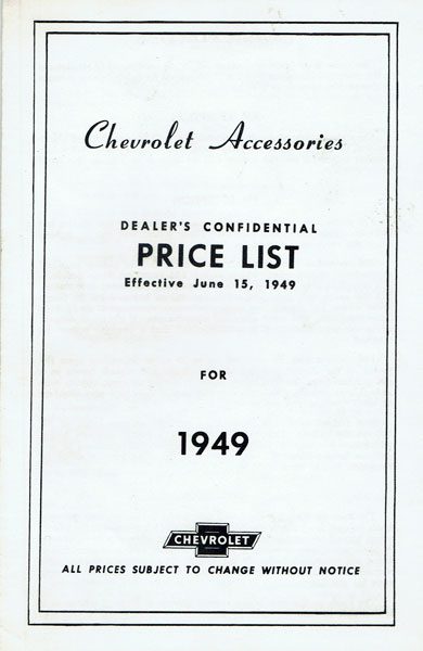 1949 Accessories List Car And Truck - Chevrolet