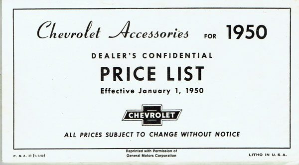 1950 Accessories List Car And Truck - Chevrolet