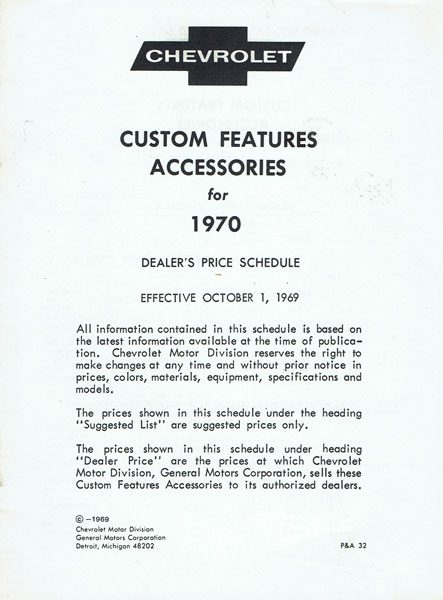 1970 Accessories List Car and Truck - GM