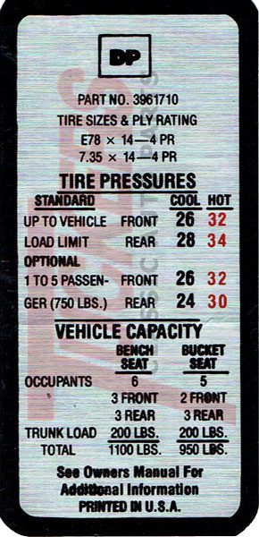 1947-1955 Tire Pressure Decal - Universal